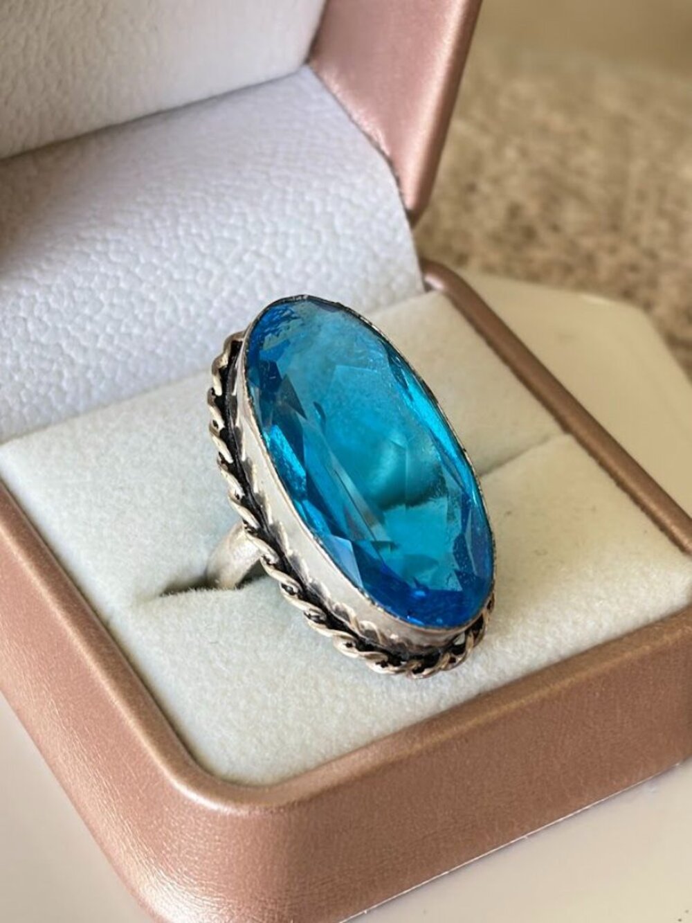 Simulated Blue Topaz Oval Stone Statement Ring 925 Silver Plated - Size 8
